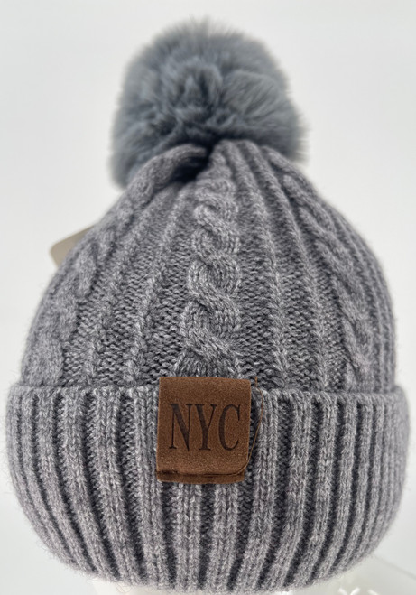  NEW! Knit Cable Beanie with Faux Fur Pom Pom # H1342