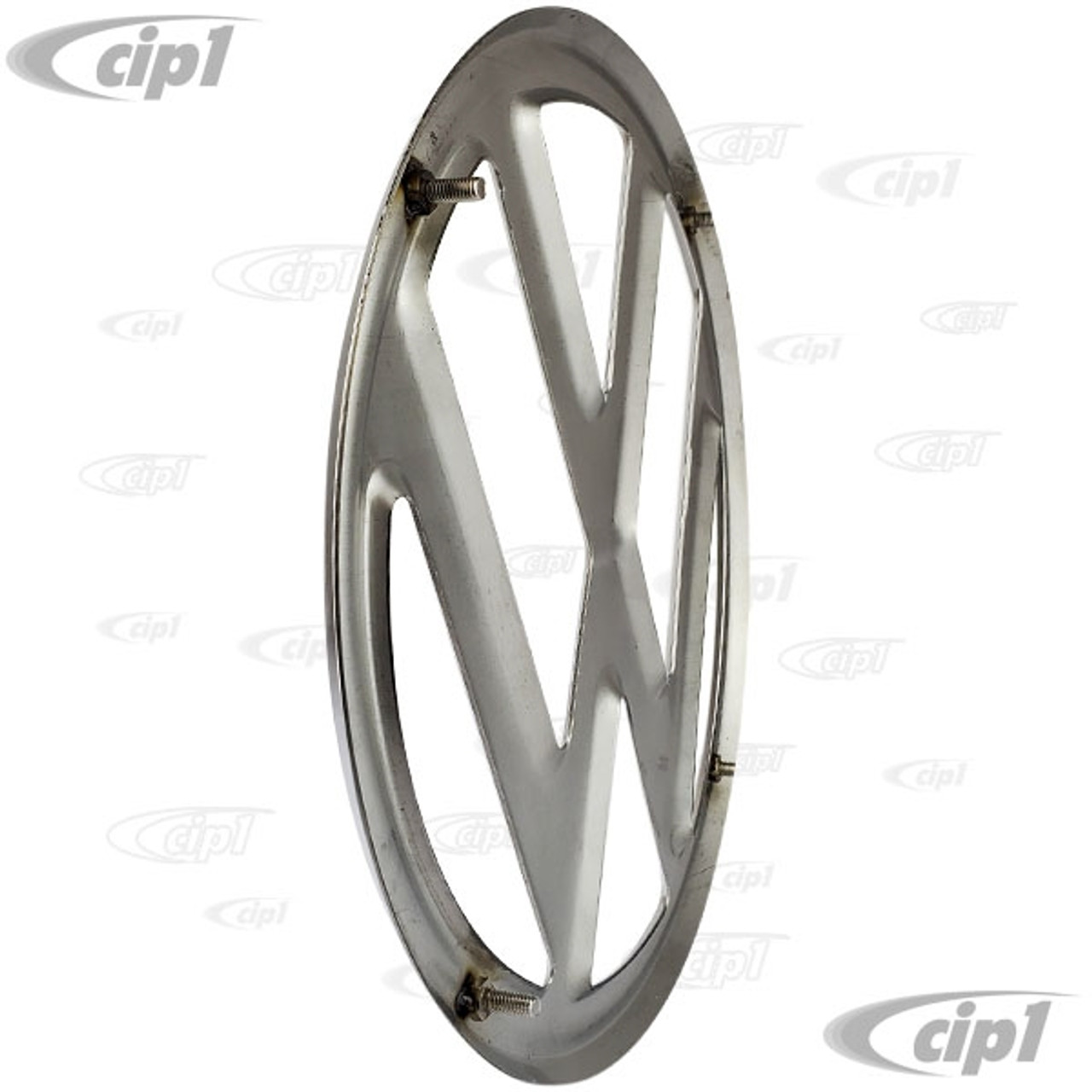 VWC-211-853-601-B - (211853601B) - CHROME STAINLESS STEEL - NOSE EMBLEM  9-3/4 INCH DIA.(USES C16-211-615 CLIPS SOLD SEP.) - VW BUS 68-72-1/2 - SOLD 