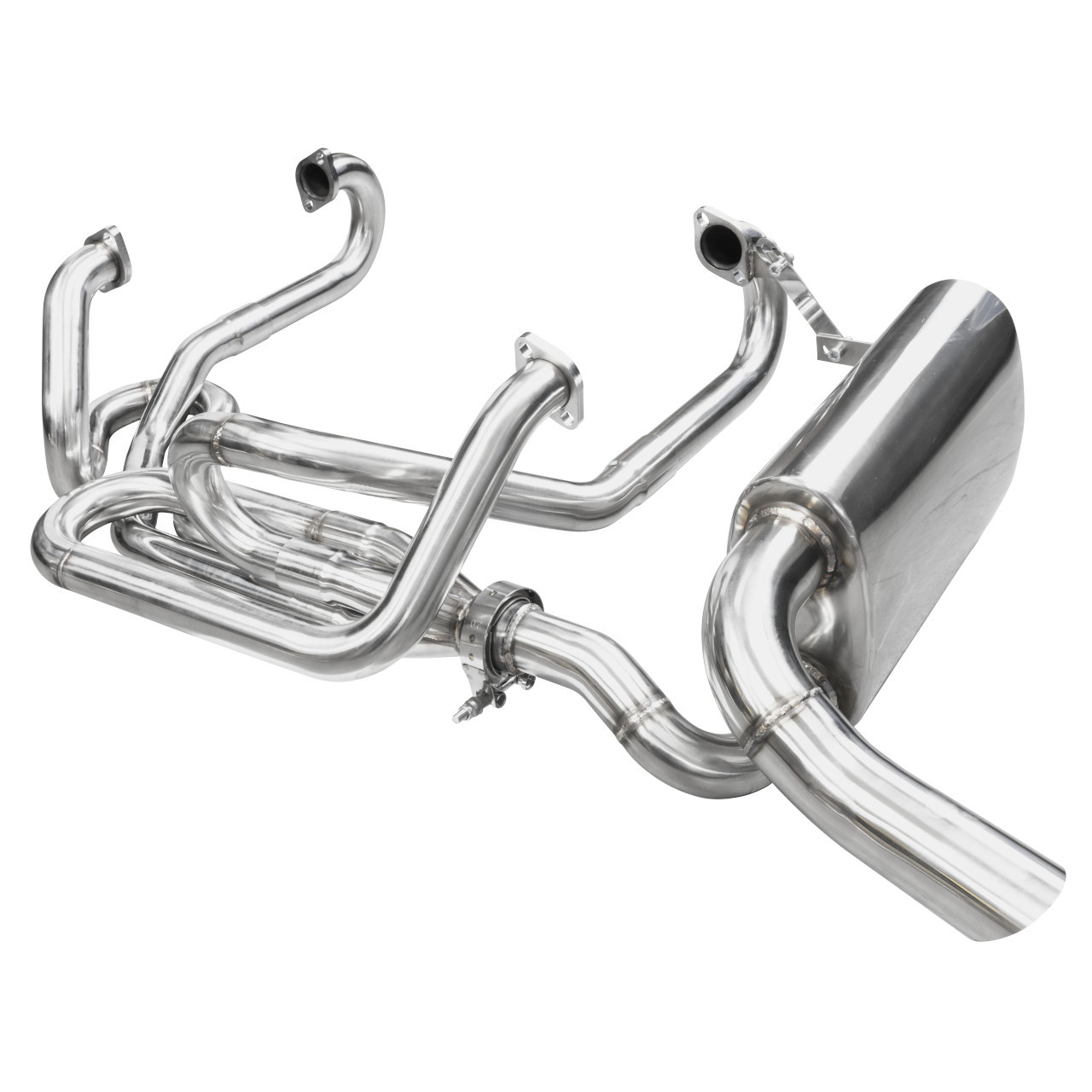 C13-3770 - EMPI - 1-5/8 INCH STAINLESS STEEL SIDEFLOW/SIDEWINDER MERGED  EXHAUST SYSTEM WITH J-PIPES - WITH S/STEEL V-BAND CONNECTION - 1600CC STYLE 