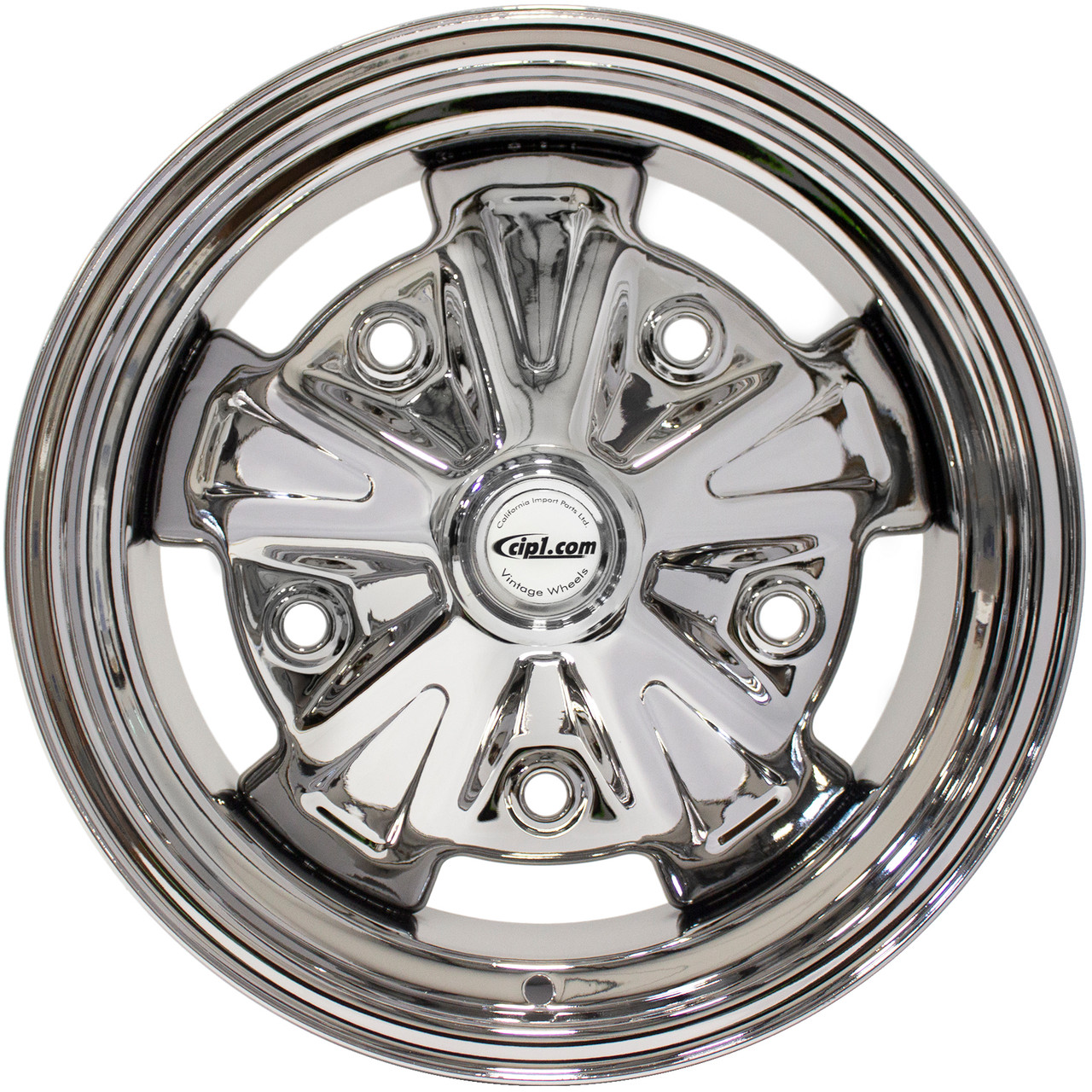 C10-6621-CHR - CIP1 TRENDSETTER - BRILLIANT CHROME 5 SPOKE STEEL WHEEL -  15X5-1/2 IN. - 5 BOLT PATTERN 5x205MM - 4 IN. BACK-SPACING - CENTER HOLE IS  77MM/3 IN. - CAP INCLUDED AND INSTALLED - BEETLE/GHIA/T-3