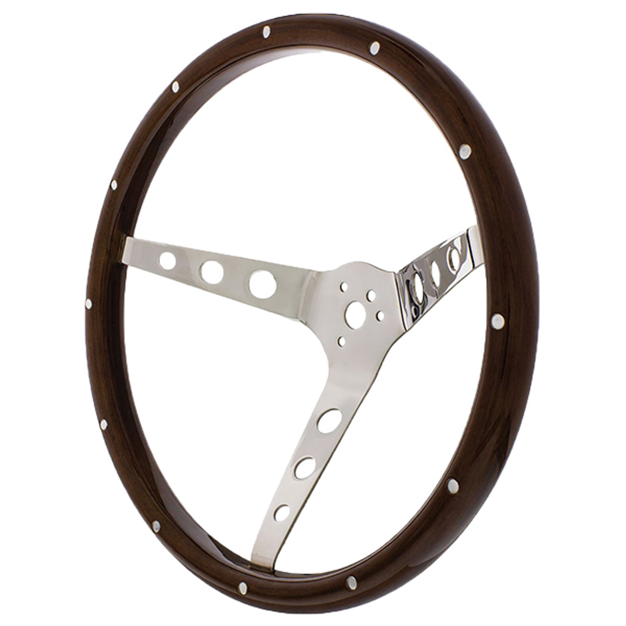 ACC-C15-9670-KIT - GTV STYLE WALNUT WOOD STEERING WHEEL KIT - 15 INCH  DIAMETER - 4-1/4 INCH DISH - 3 STAINLESS STEEL SLOTTED SPOKES (STANDARD  BUTTON