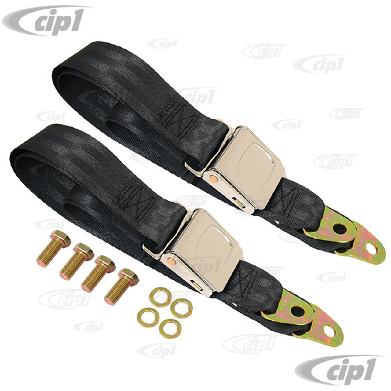 C26-857-003WCHR - 2 POINT LAP BELTS - BLACK WITH CHROME BUCKLE - FOR ALL  FRONT OR REAR - WITH INSERT FOR WOLFCREST EMBLEM - EMBLEM SOLD SEP. - SOLD  PAIR