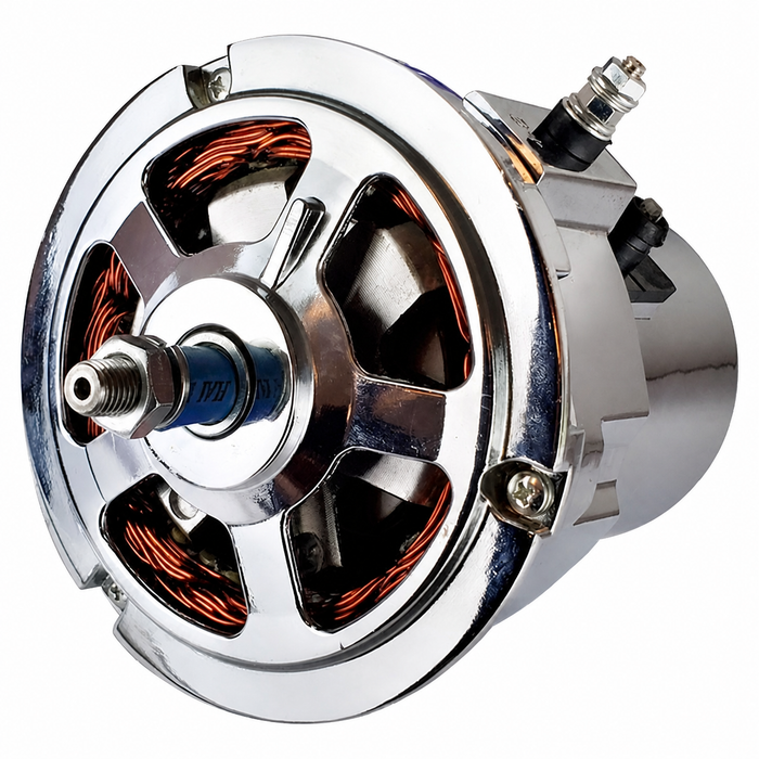 VWC-043-903-023-AC85 - 043903023A - NEW 85 AMP CHROMED ALTERNATOR - HIGH OUTPUT REPLACEMENT FOR BEETLE 73-79 - GHIA 73-74 (CUSTOM UPGRADE FOR 15-1600CC BEETLE STYLE ENGINE) - SOLD EACH