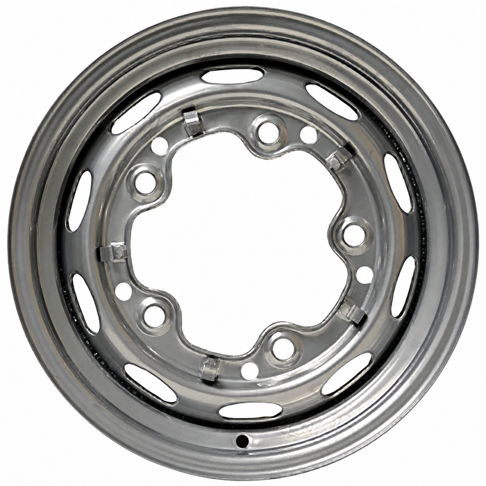 VWC-111-601-025-E - 111601025E - STOCK STEEL WHEEL - 5X205MM 5 LUG/BOLT - PAINTED SILVER - 15X4-1/2 - 3-3/4 INCH BACK SPACING - BEETLE 52-67 - GHIA 56-65 - TYPE-3 62-65 - SOLD EACH