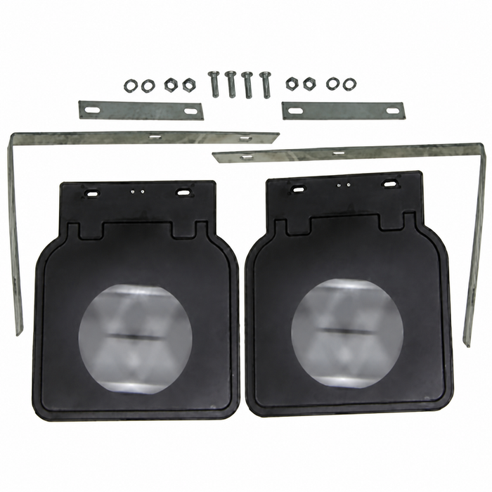VWC-111-821-805-BBK - 111821805B - MUD FLAPS WITH BRACKETS & HARDWARE - BLACK WITH WHITE LOGO - BEETLE 46-73 - GHIA 56-74 - SOLD PAIR