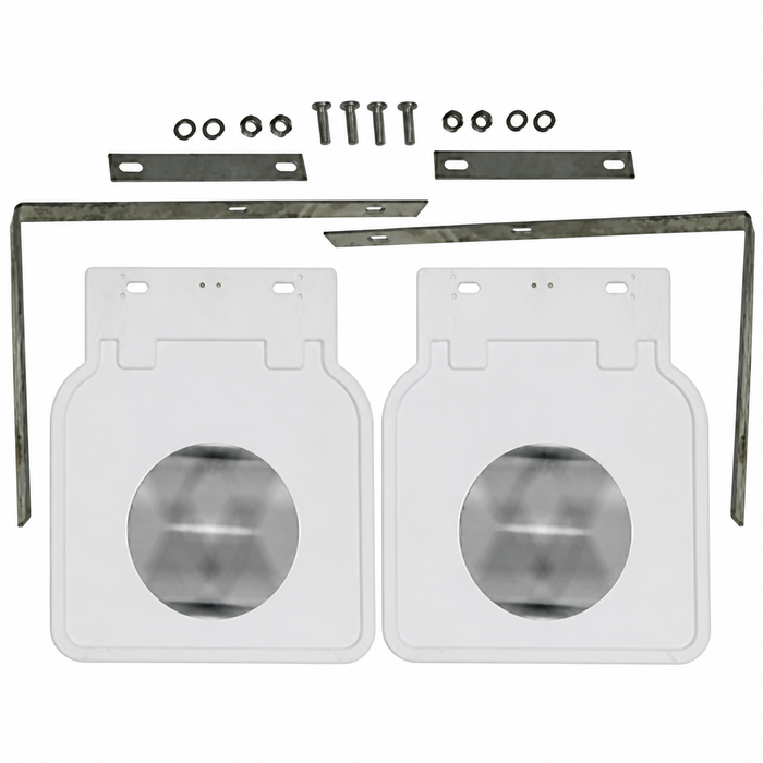 VWC-111-821-805-BWK - 111821805B - MUD FLAPS WITH BRACKETS & HARDWARE - WHITE WITH BLACK LOGO - BEETLE 46-73 - GHIA 56-74 - SOLD PAIR
