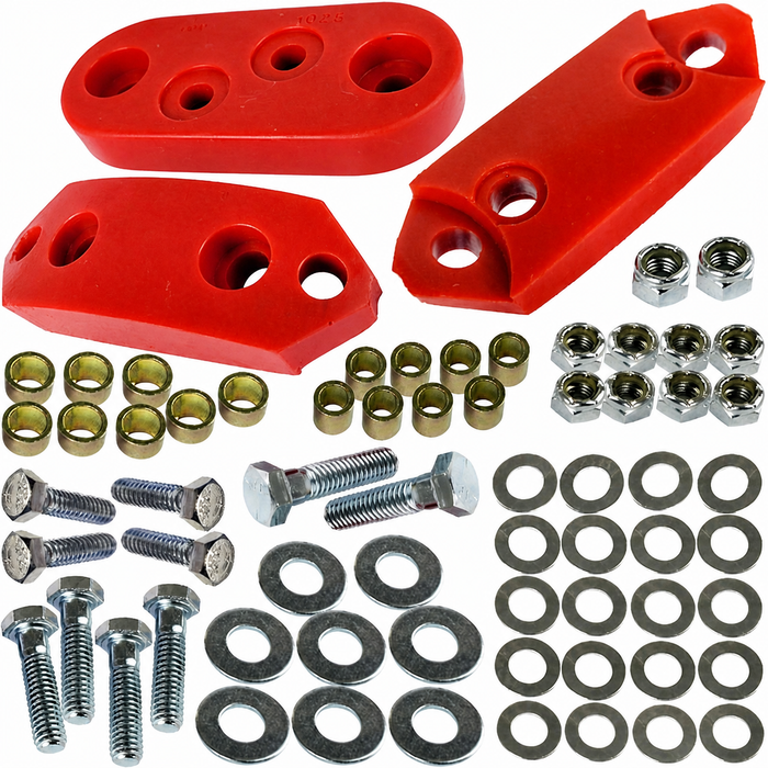 ACC-C10-4796 - EMPI - 9540 - AC311215 - RED URETHANE TRANSMISSION MOUNTS WITH HARDWARE - FRONT AND REAR - BEETLE 61-72 - GHIA 61-72 - SOLD SET
