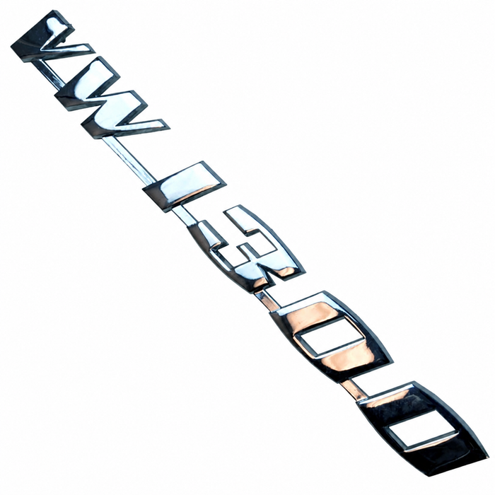 VWC-111-853-687-A - 111853687A - VW-1300 VOLKSWAGEN DECK LID SCRIPT WITH 4MM PINS - BEETLE (VWC-113-853-695-3 MOUNTING CLIPS SOLD SEP.) - SOLD EACH