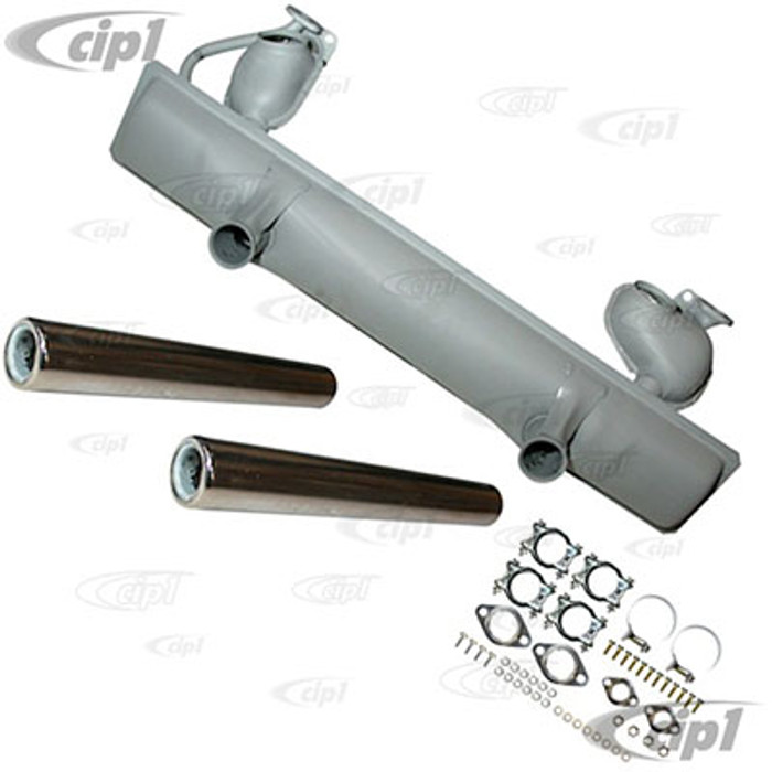 VWC-113-251-053-AKKT - 113251053A - COMPLETE 13-1600CC MUFFLER KIT - MADE IN EUROPE - INCLUDES MOUNTING CLAMPS / HARDWARE / GASKETS / TAIL PIPES - BEETLE/GHIA 66-74  EXCEPT 1974 CALIFORNIAN MODELS - SOLD KIT