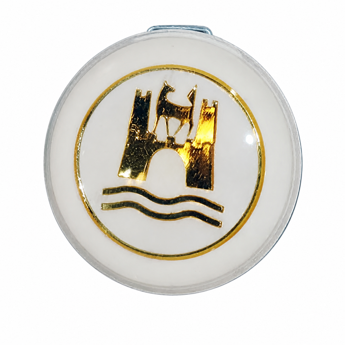 VWC-113-415-669-GW - 113415669 - B54339 - HORN BUTTON - OE STYLE REPLACEMENT - GOLD WITH LIGHT GREY BACKGROUND - BEETLE 60-71 - GHIA 60-71 - TYPE 3 62-71 - SOLD EACH
