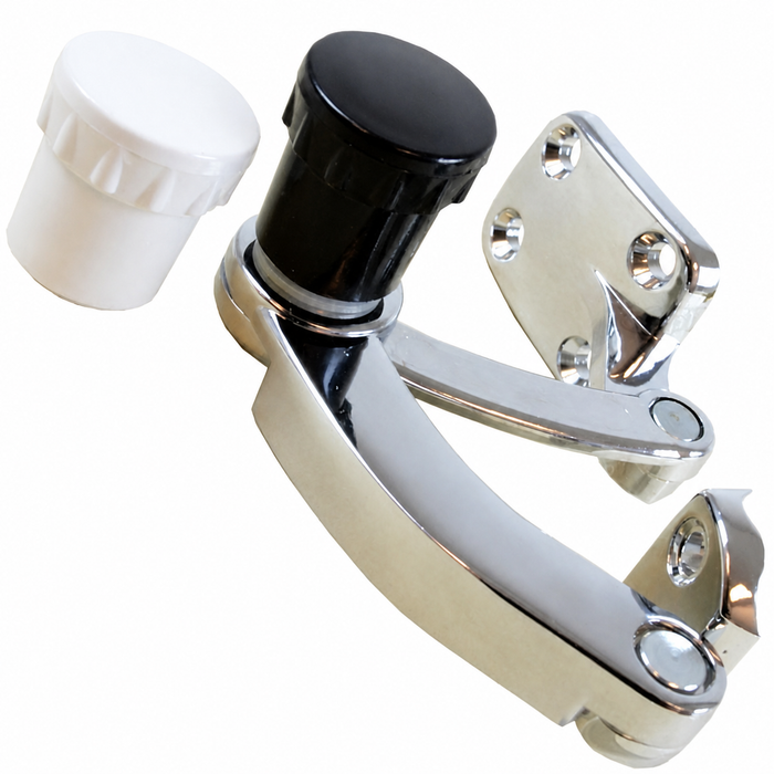 VWC-113-847-079 - 113847079 - EXCELLENT REPRODUCTION - CHROME POPOUT WINDOW LATCH (INCLUDES BOTH BLACK AND WHITE KNOBS) - LEFT - BEETLE 53-64 - SOLD EACH