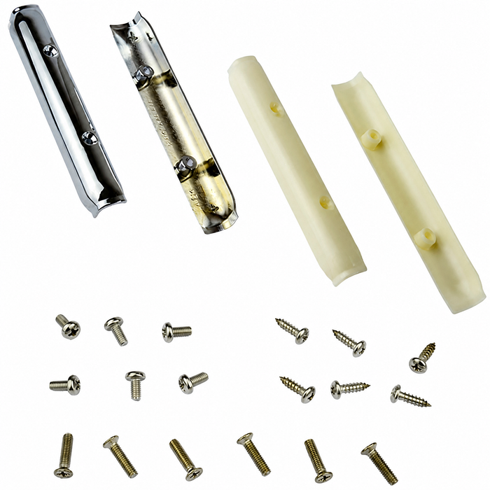 VWC-113-898-400-HWKT - 113-847-129-CH - 113847129 - POP OUT WINDOW HINGE COVER KIT - INCLUDES 2 CHROME AND 2 WHITE HINGE COVERS ALONG WITH 18 ASORTED HINGE MOUNTING SCREWS - BEETLE 53-77 - SOLD SET