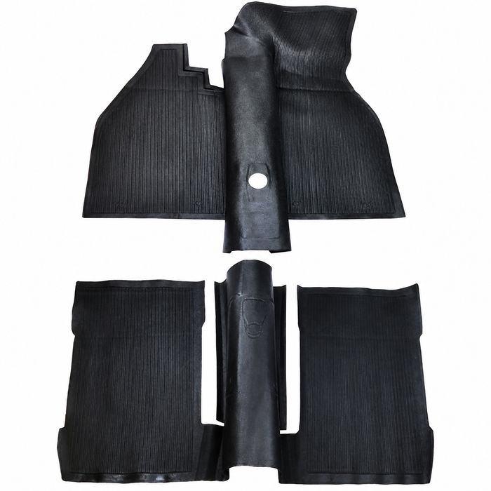 VWC-113-898-700 - 113898700 - FRONT AND REAR BLACK RUBBER MAT SET - FOR USE WITHOUT FOOTREST PANEL - 2 PIECES INCLUDING OVER HUMP - BEETLE 73-77 - SUPER BEETLE 73-79 - REF.#'s - 113-863-703-T - 113-863-717-J - 113863703T - 113863717J - 133-400 - SET