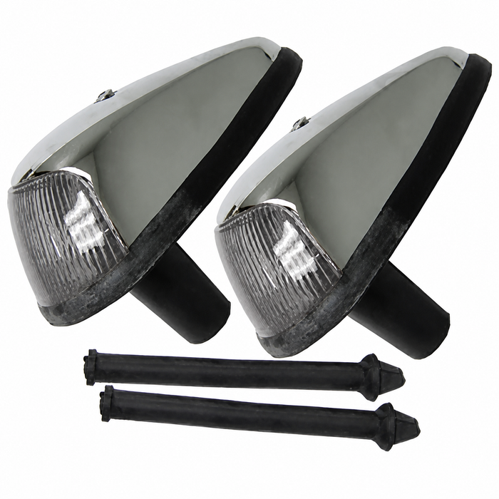 VWC-113-953-041-JCL2 - 113953041J - GOOD QUALITY - LEFT/RIGHT PAIR OF COMPLETE FRONT TURN SIGNAL ASSEMBLIES - WITH CLEAR LENSES - SEALS INCLUDED - BEETLE 64-67 - SOLD PAIR