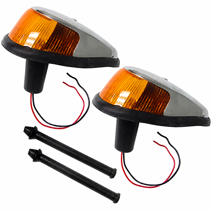 VWC-113-953-041-MYPR - 113953041M - PAIR OF COMPLETE FRONT TURN SIGNAL ASSEMBLIES - WITH DUAL BULB HOLDER - WITH AMBER LENS - SEAL INCL. LEFT AND RIGHT - BEETLE 68-69 - SOLD PAIR
