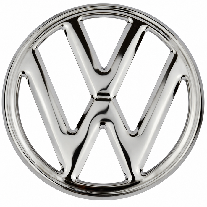 VWC-211-853-601-B - 211853601B - CHROME STAINLESS STEEL - NOSE EMBLEM 9-3/4 INCH DIA. - SMALL MARKS AND SCRATCHES ARE TO BE EXPECTED - THESE ARE EASILY POLISHED OUT - USES C16-211-615 CLIPS - SOLD SEP. - VW BUS 68-72-1/2 - SOLD EACH