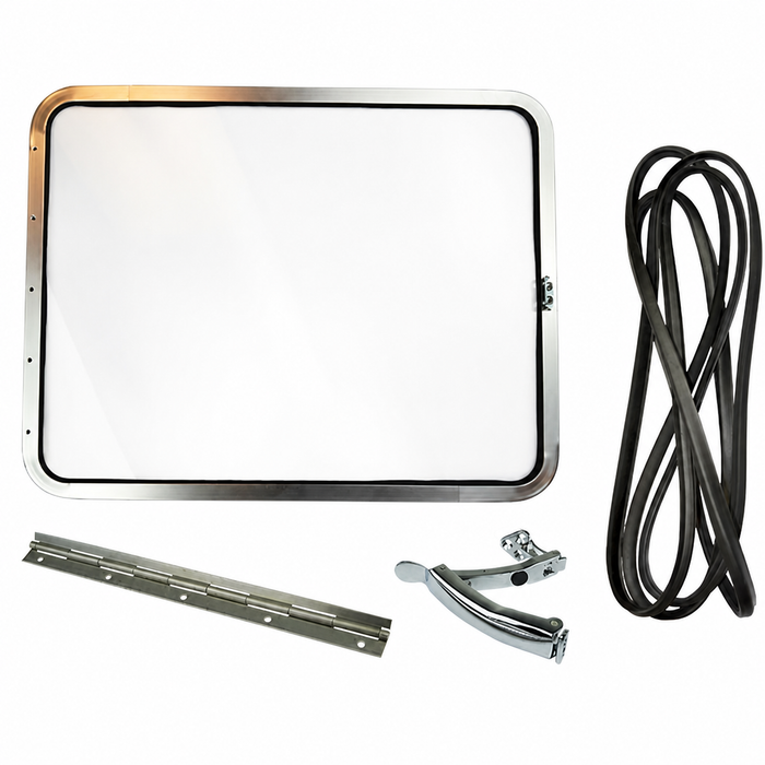 VWC-211-898-105-AAS - 211898105A - PREMIUM QUALITY - SIDE POP OUT WINDOW KIT - BRIGHT ANODIZED ALUMINUM FRAME - INCLUDES - FRAME-GLASS-SEALS-HINGE AND EXTENDED SPOON LATCH - BUS 50-67  - SOLD KIT