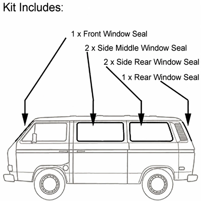 VWC-251-898-121 - GERMAN - COMPLETE 6 PIECE WINDOW SEAL KIT - EURO STYLE SOLID SEAL WITHOUT MOLDING GROOVE - VANAGON 80-91 - SOLD 6 PIECE SET