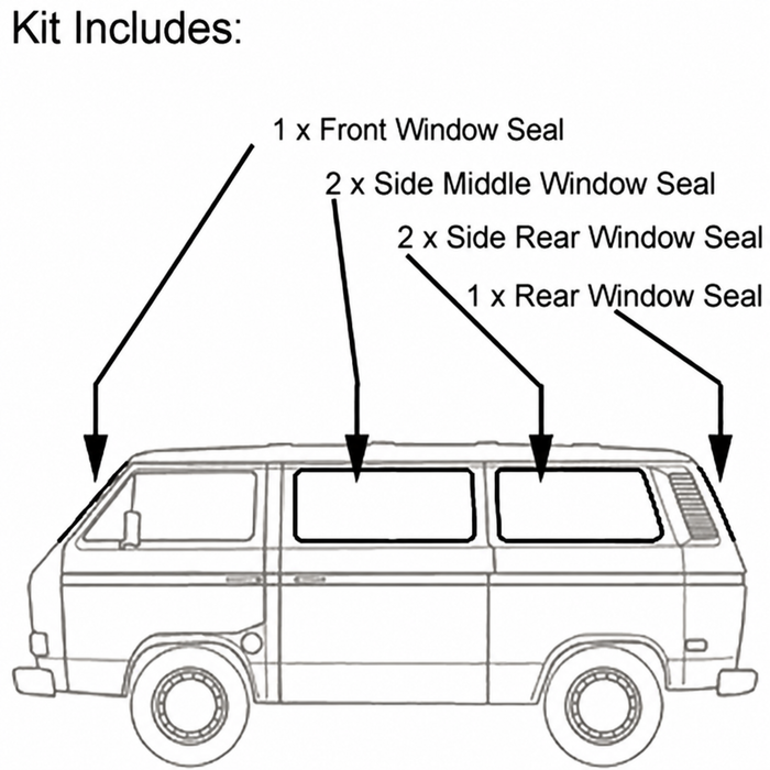 VWC-255-898-121 - (255-845-121 255845121) GENUINE GERMAN - COMPLETE 6 PIECE WINDOW SEAL KIT WITH MOLDED CORNERS - WITH GROOVE FOR CHROME TRIM (SOLD SEP. C16-175-345) - VANAGON 80-84 - SOLD SET