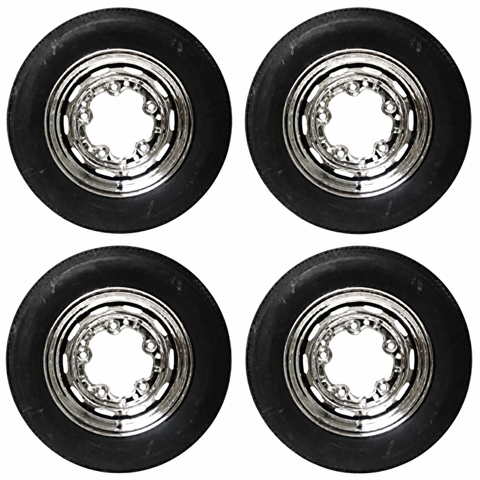ACC-C10-6621-KIT - COMPLETE CHROME 5x205 WHEEL AND TIRE PACKAGE (15 X 5 1/2 - 4-1/4 INCH BACK SPACING) (165/80R15 STEEL BELTED RADIAL TIRES) 4 WHEELS WITH TIRES, MOUNTED & BALANCED WITH MATCHING CHROME VALVE STEMS. READY TO BOLT ON AND DRIVE.