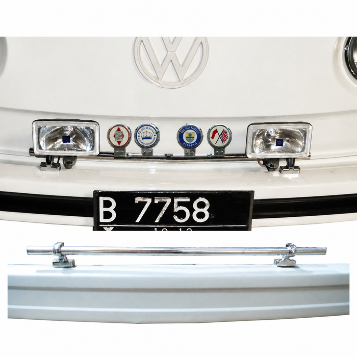 VWC-ZVW70001 - STAINLESS STEEL EUROPEAN STYLE FRONT BUMPER BADGE AND LIGHT BAR WITH CHROMED BRACKETS - FITS BUS 52-79 - SOLD KIT