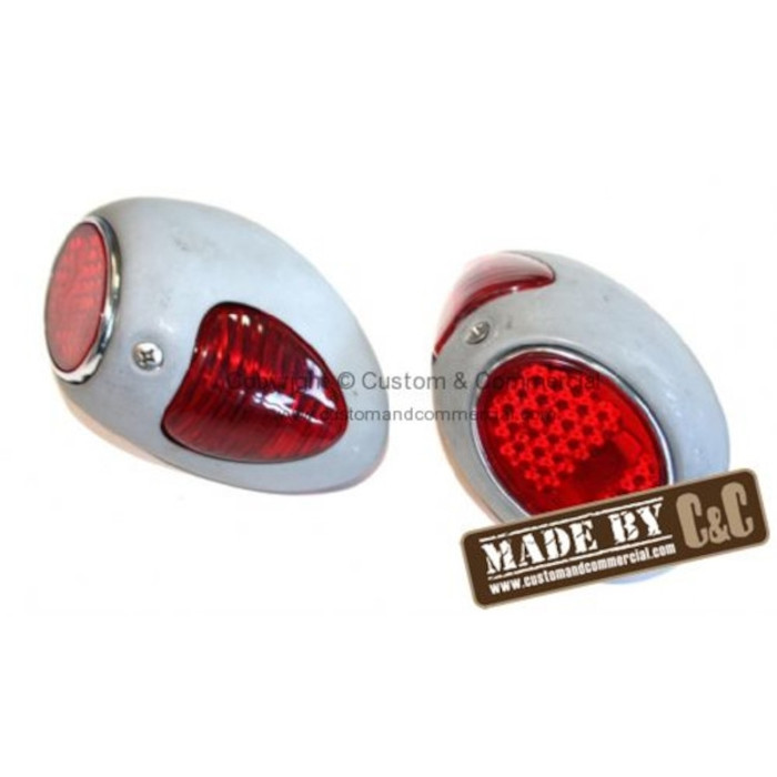 C33-B39938 - (111945131E 111-945-131E) - GERMAN QUALITY FROM C&C U.K. - REAR HEART TAIL LIGHTS HOUSINGS WITH REPRODUCTION HELLA STYLE LENSES (BRACKETS/BULB HOLDERS/SEALS NOT INCLUDED) - BEETLE 8/52-7/55 - SOLD PAIR