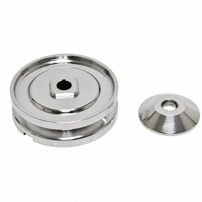 C13-16-9707 - EMPI - BILLET ALUMINUM 3 PIECE KIT (POLISHED) - ALTERNATOR / GENERATOR PULLEY - BEETLE 67-79 / GHIA 67-74 / BUS 67-71 / THING 73-74 - (SEE NOTES ABOUT SHIMS AND NUT) - SOLD EACH