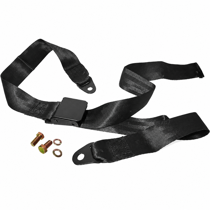 C26-857-003FBK - 2 POINT LAP BELT - BLACK BELT WITH BLACK BUCKLE - BUCKLE IS FLAT (NO RECESS) - UNIVERSAL LEFT OR RIGHT - SOLD EACH