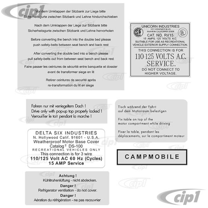 VWC-ZVW30B - WESTFALIA DECAL SHEET - Z-BED INSTRUCTIONS / POP-TOP WARNING / POP-TOP LOCK WARNING / TABLE STOWAGE WARNING / ICE BOX LABEL / FRIG VENTILATION WARNING / A.C. ELECTRICAL OUTLET COVER LABEL - SOLD EACH