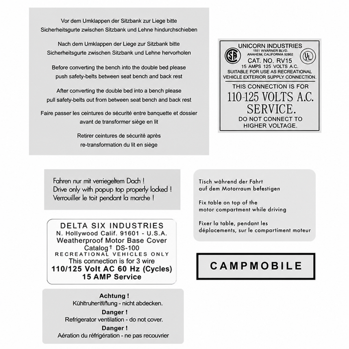 VWC-ZVW30B - WESTFALIA DECAL SHEET - Z-BED INSTRUCTIONS / POP-TOP WARNING / POP-TOP LOCK WARNING / TABLE STOWAGE WARNING / ICE BOX LABEL / FRIG VENTILATION WARNING / A.C. ELECTRICAL OUTLET COVER LABEL - SOLD EACH