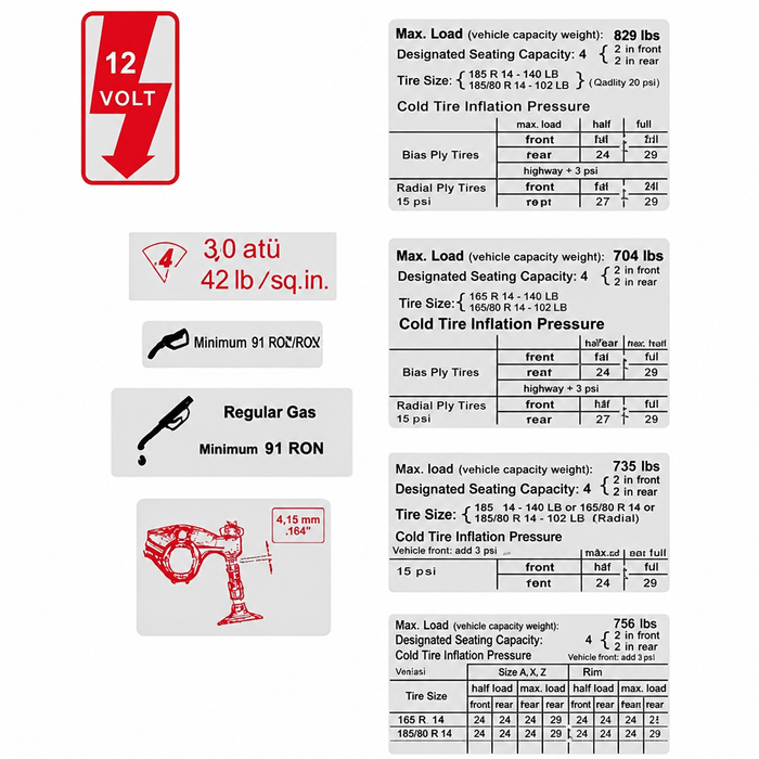 VWC-ZVW30 - DECAL SHEET - INCLUDES COIL / WASHER RESERVOIR - FUEL OCTANE - VALVE ADJ. AND TIRE LOAD SPEC'S - BEETLE 68-79 - SOLD EACH