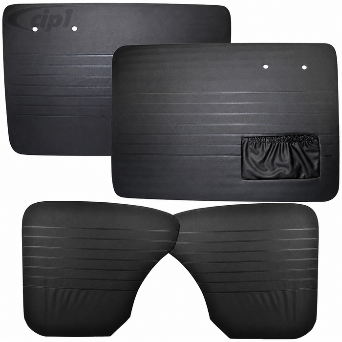 VWC-113-898-015-AKS - 113898015A - 4 PIECE DOOR PANEL SET - BEETLE SEDAN 58-64 - BLACK - WITH LEFT SIDE MAP POCKET ONLY - SOLD SET OF 4
