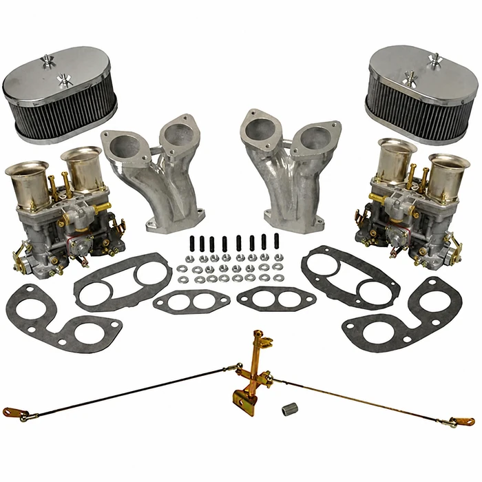 C10-47-7317-CIP - CIP1 EXCLUSIVE PREMIUM QUALITY - DUAL 40-44-48MM WEBER IDF/HPMX STYLE CARBURETOR KIT WITH EASY-ADJUST CENTER PULL LINKAGE - CHROME AIR CLEANER AND GASKETS STYLES MAY VARY - FITS ALL DUAL PORT BEETLE UPRIGHT ENGINES - SOLD KIT