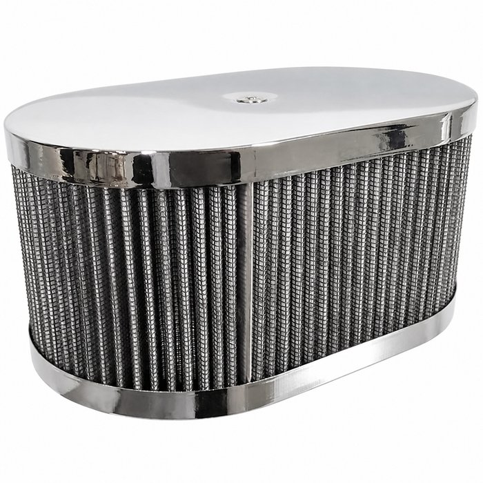 C26-129-400-CIP - 8714 - Cip1 PREMIUM QUALITY - CHROME OVAL AIR CLEANER ASSEMBLY - 3-1/2 INCH HIGH - FITS EMPI HPMX - WEBER 40-44-48MM IDF AND DELLORTO DRLA - SOLD EACH