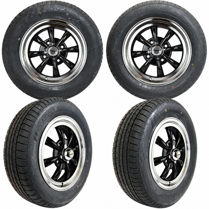 C32-E28B-SET-WT - SET OF 4 15X5.5 BLACK 8 SPOKE WHEELS (4X130MM - 4.6 IN. BACKSPACE) - WITH 2 X 185/65-HR15 AND 2 X 195/65-HR15 TIRES MOUNTED AND BALANCED - READY TO BOLT-ON - SOLD SET OF 4