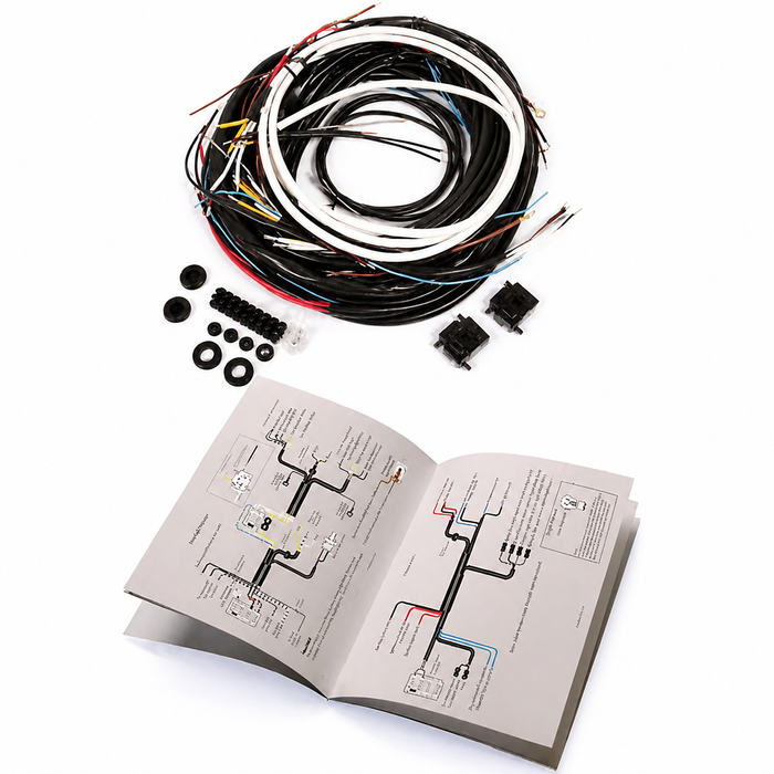 VWC-113-971-011 - (113971011 WK-113-56-57) - COMPLETE WIRING HARNESS - BEETLE SEDAN ONLY - INCLUDES PLUGS - GROMMETS - INSTRUCTIONS - 56-57 (ALSO FITS BEETLE 1955 WITH BULLET STYLE T/S LIGHTS) - SOLD KIT