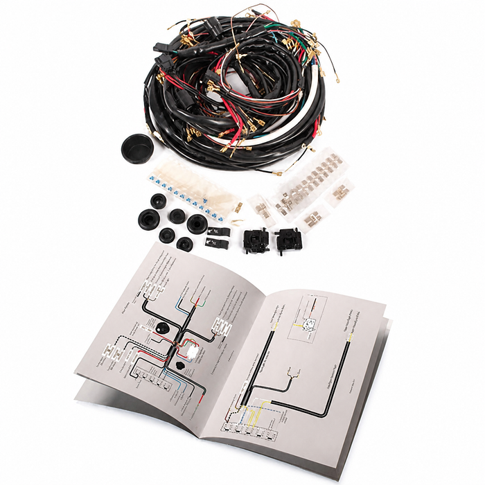 VWC-113-971-011-K - COMPLETE WIRING HARNESS - FOR BEETLES WITH GENERATOR & 12 TERMINAL FUSE BOX - INCLUDES ALL CLIPS/PLUGS/GROMMETS AND INSTRUCTIONS - STANDARD BEETLE SEDAN 71-73 (NOT SUPER BEETLE) REF.#'s - 113971011K - WK-113-72-73 - SOLD KIT
