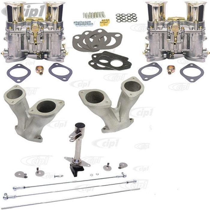 C13-47-0636-CWOC - CIP1 EXCLUSIVE - COMPLETE DUAL 48MM (IDA WEBER STYLE) CARBURETOR KIT - STANDARD LOW PROFILE MANIFOLDS - CSP CENTER PULL LINKAGE (WITHOUT AIR CLEANERS) - FITS UNDER BEETLE HOOD - 1600CC STYLE ENGINES - SOLD KIT