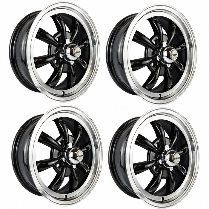 C32-E28B-SET - Cip1 ORIGINAL - ( 9682 ) - SET OF 4 BLACK 8 SPOKE ALUMINUM WHEEL - 5.5 INCH WIDE X 15 INCH DIA. WITH 4.6 IN. BACKSPACE - 4X130MM BOLT PATTERN - CENTER CAP & VALVE STEM INCLUDED - 60% ACORN - SOLD SET