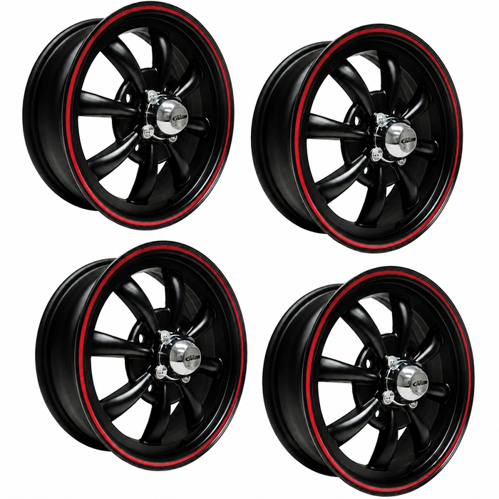 C32-E28MBRR-SET - ( 9682 ) - SET OF 4 MATTE BLACK W/RED RIM 8 SPOKE ALUMINUM WHEELS - 5.5 INCH WIDE X 15 INCH DIA. WITH 4.6 IN. BACKSPACE - 4X130MM - CENTER CAPS & VALVE STEMS INC. - USES 60% ACORN HARDWARE - HARDWARE SOLD SEPARATELY - SOLD SET