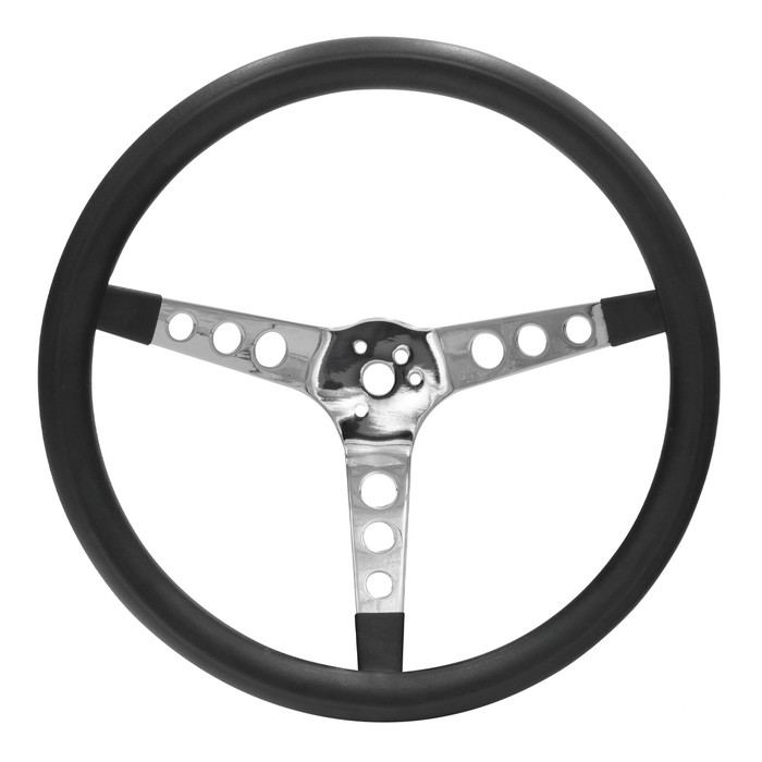 C13-79-4114 - EMPI – POLY FOAM CHROME STEERING WHEEL – 3 SPOKE – 14.5 INCH DIA. – 4.00 INCH DISH (HUB ADAPTER / HORN BUTTON SOLD SEP.) – SOLD EACH