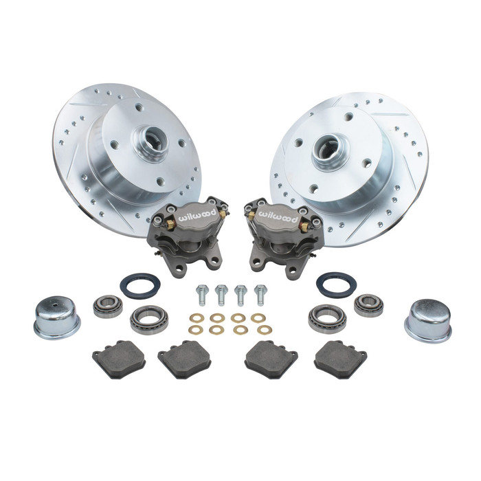 C13-22-6157 - EMPI BALL JOINT FRONT DISC 4X130 DRILLED AND SLOTTED BRAKE KIT WITH WILWOOD CALIPERS - SILVER - WITHOUT SPINDLES - SOLD KIT