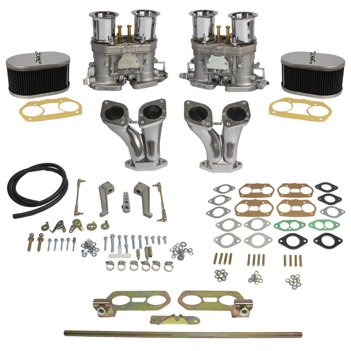 C10-47-7319 - CIP1 PREMIUM - DUAL 44MM IDF STYLE CARBURETOR KIT WITH HEX BAR LINKAGE & CHROME TIN AIR CLEANERS - DUAL PORT ENGINE - WILL ONLY FIT 36HP STYLE FAN SHROUD (WILL NOT FIT WITH STOCK SHROUD) - SOLD KIT