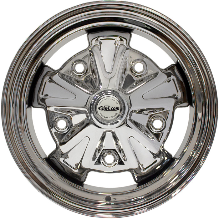 C10-6620-CHR - GENUINE CIP1 TRENDSETTER BRILLIANT CHROME 5 SPOKE STEEL WHEEL - FUMAGALLI STYLE - - 15X4-1/2 IN. - 5 BOLT PATTERN 5x205MM - CENTER HOLE IS 77MM/3 IN. - CAP INCLUDED AND INSTALLED - BEETLE/GHIA/T-3 - SOLD EACH