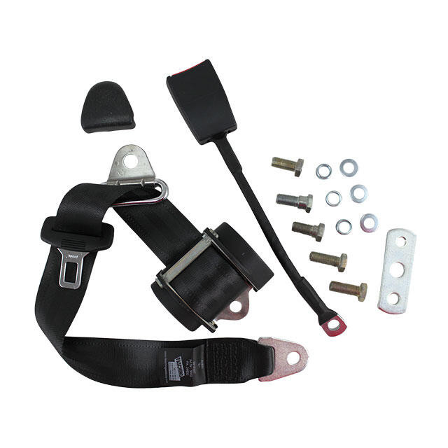 C10-3851 - CIP1 PREMIUM QUALITY - PAIR OF BLACK 3 POINT RETRACTABLE EUROPEAN STYLE SEATBELTS - WITH BRACKETS & MOUNTING HARDWARE - BEETLE SEDAN 68-77 - SOLD SET