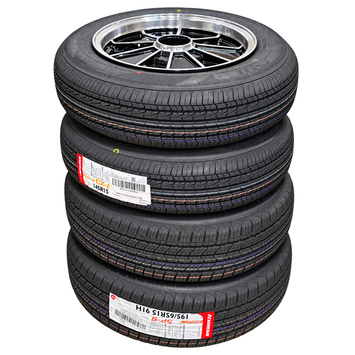 DEAL-007 - STAGGERED SET OF 4 BLACK BRM REPLICA 5 SPOKE WHEELS - 2X 15X5.5 & 2X 15X6.5 (5X205MM) - WITH 145R15 & 195/65R15 TIRES MOUNTED & BALANCED
