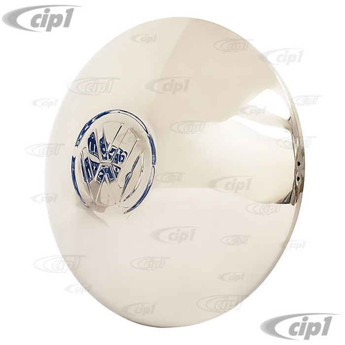 C13-10-1060-W - 251-601-151-A - 251601151A - EXCELLENT QUALITY - STAINLESS STEEL HUBCAP - WITH HIGHLY POLISHED CHROME-LIKE FINISH  - MOON STYLE WITH LOGO - 4 BOLT WHEEL - BEETLE 68-79 - GHIA 66-74 - TYPE-3 66-74 - BUS 71-91 - SOLD EACH