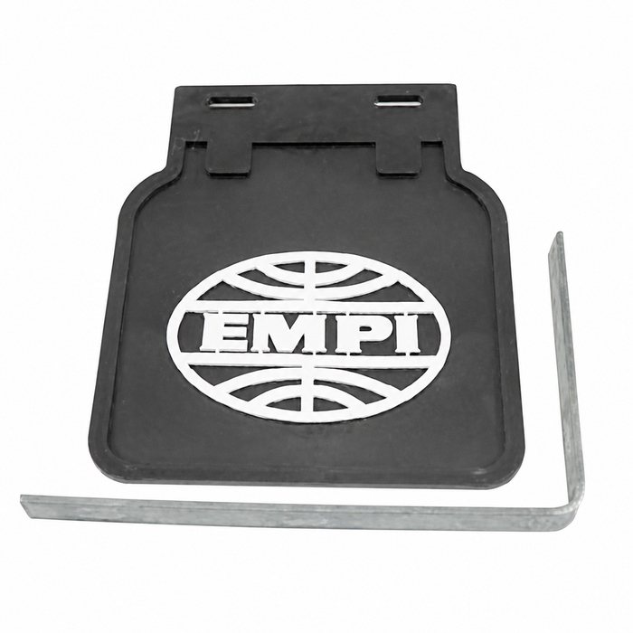 C13-15-1090 - EMPI MUD FLAPS (PAIR) WITH BRACKETS AND HARDWARE - BLACK WITH WHITE LOGO - BEETLE 46-79 - GHIA 56-74 - SOLD SET