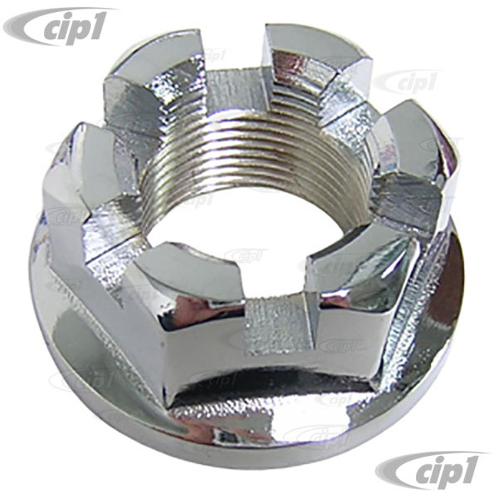 C13-16-2420 - (311-501-221 311501221) - GOOD QUALITY - CHROMED 36MM SLOTTED REAR AXLE NUT - M24 X 1.5 - ALL BEETLE/GHIA/TYPE-3/THING / BUS 50-63 - SOLD EACH