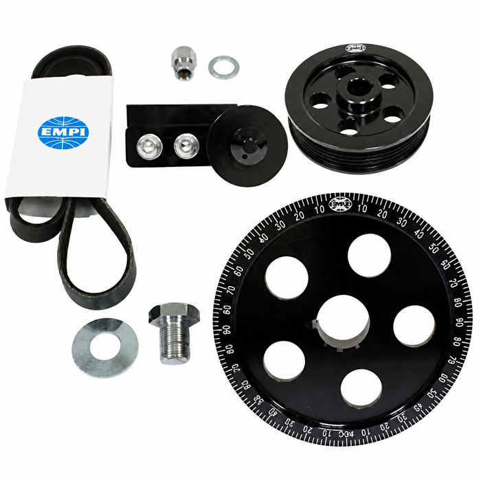 C13-17-2911 - EMPI - SERPENTINE BELT PULLEY SYSTEM - BLACK ANODIZED ALUMINUM WITH ETCHED TIMING MARKS - BOLT-ON DESIGN - 1600CC BEETLE STYLE ENGINES - SOLD KIT